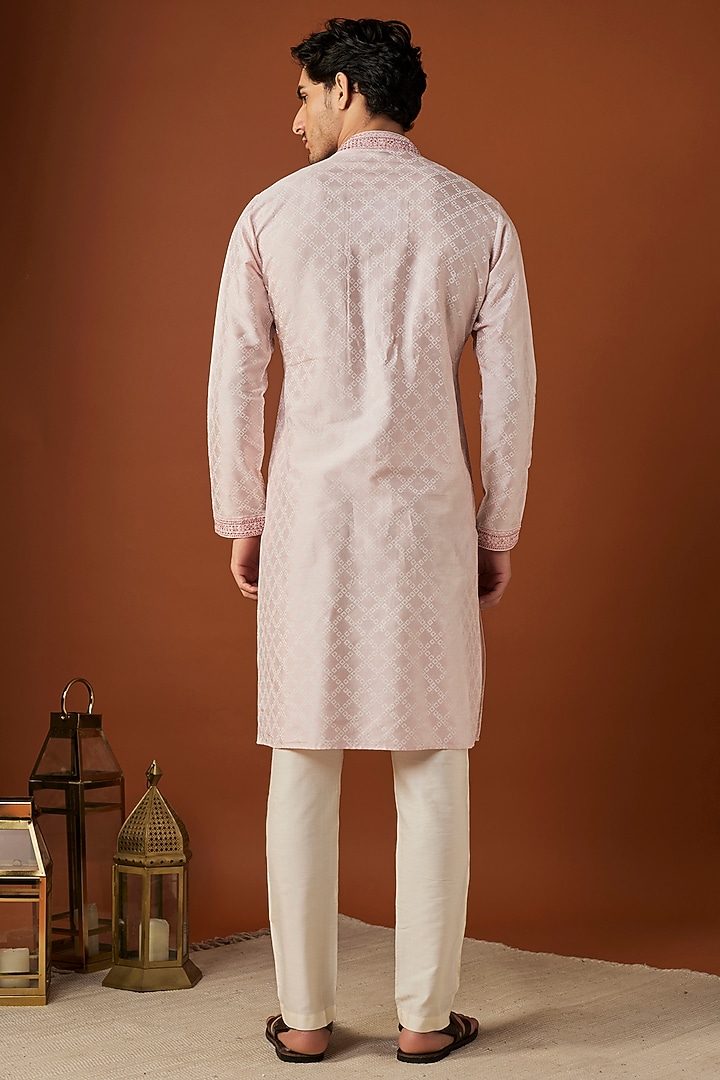 Baby Pink Tussar Printed & Embroidered Kurta Set by ALOUKIK at Pernia's Pop Up Shop