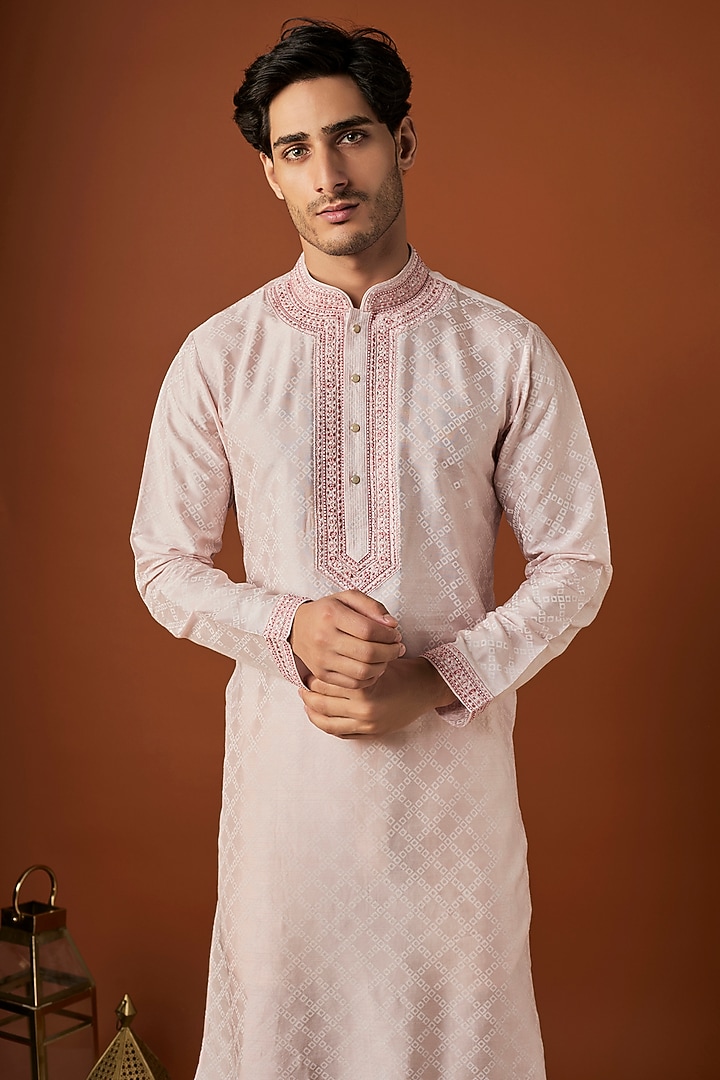 Baby Pink Tussar Printed & Embroidered Kurta Set by ALOUKIK at Pernia's Pop Up Shop