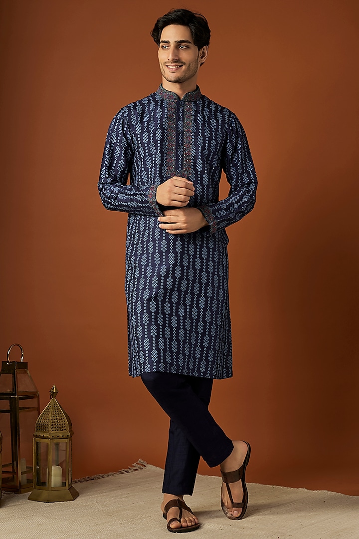 Blue Tussar Printed & Embroidered Kurta Set by ALOUKIK at Pernia's Pop Up Shop