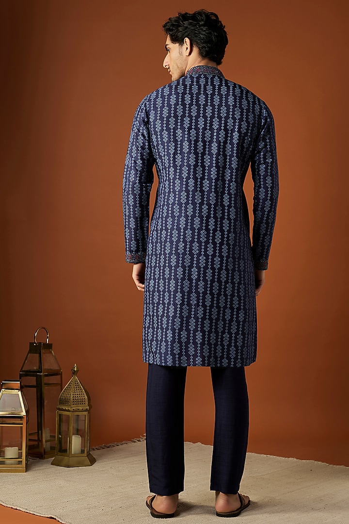 Blue Tussar Printed & Embroidered Kurta Set by ALOUKIK at Pernia's Pop Up Shop