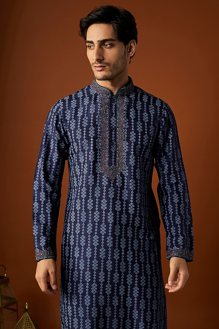 Blue Tussar Printed & Embroidered Kurta Set by ALOUKIK at Pernia's Pop Up Shop
