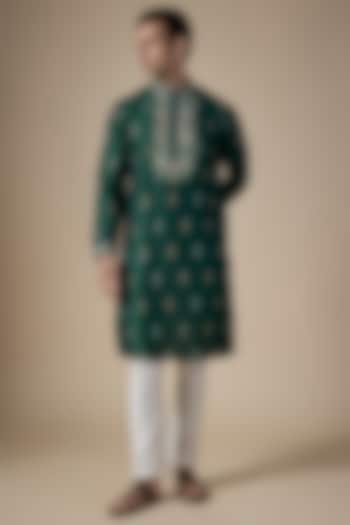 Emerald Green Art Silk Hand & Machine Embroidered Kurta Set by ALOUKIK at Pernia's Pop Up Shop