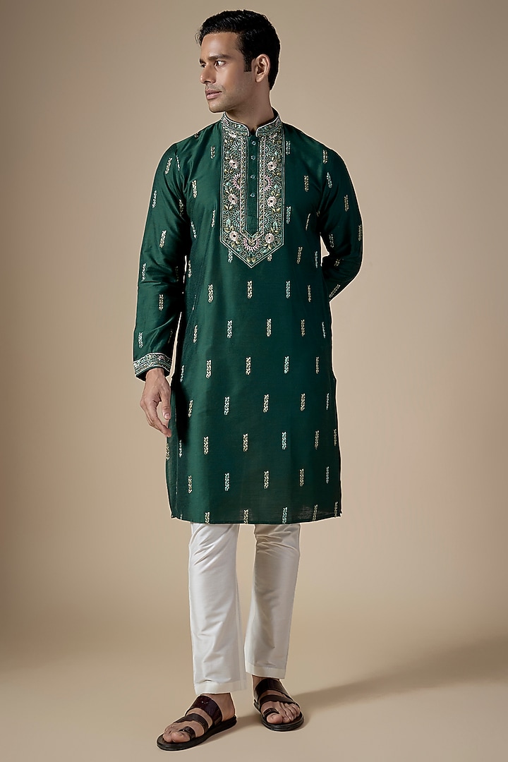Emerald Green Art Silk Hand & Machine Embroidered Kurta Set by ALOUKIK at Pernia's Pop Up Shop