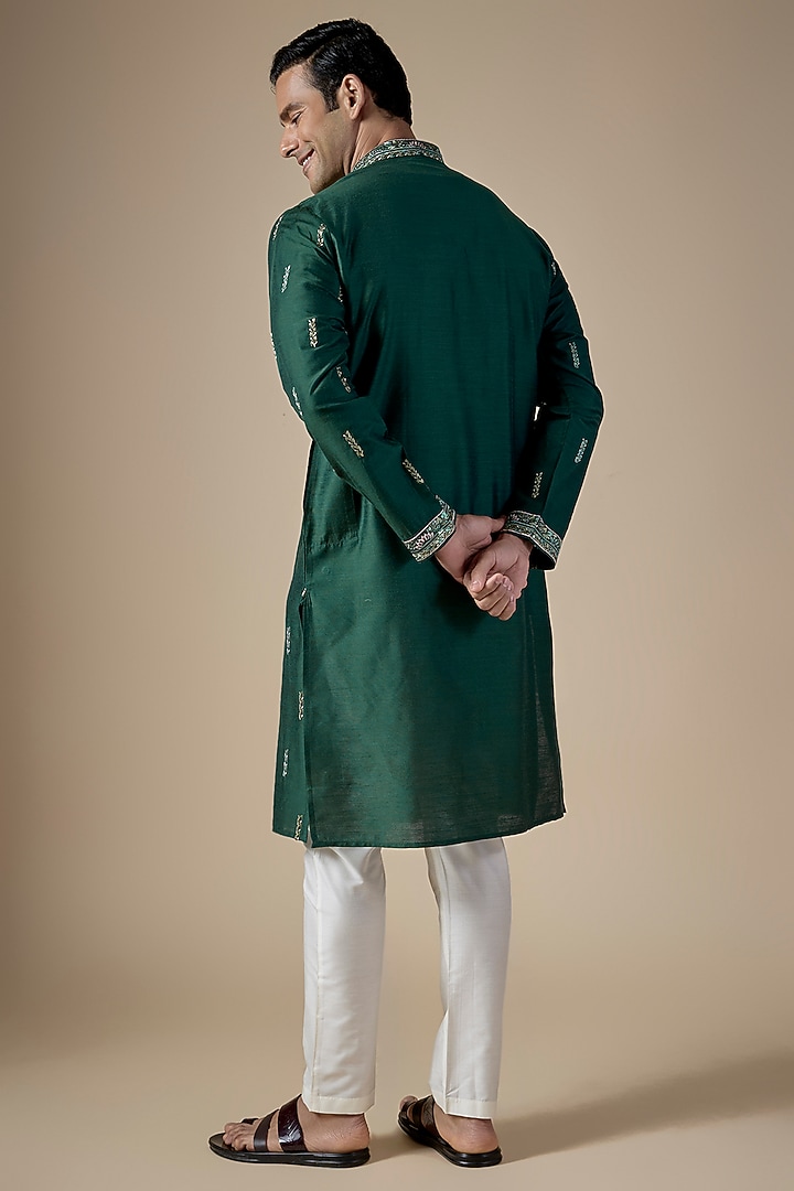 Emerald Green Art Silk Hand & Machine Embroidered Kurta Set by ALOUKIK at Pernia's Pop Up Shop