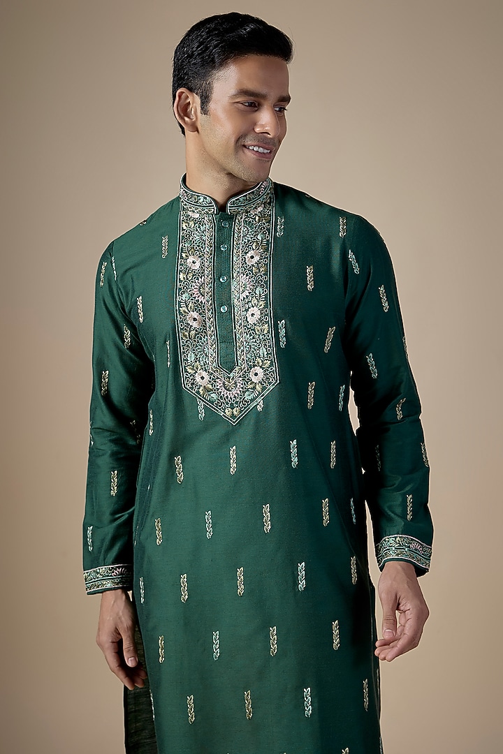 Emerald Green Art Silk Hand & Machine Embroidered Kurta Set by ALOUKIK at Pernia's Pop Up Shop
