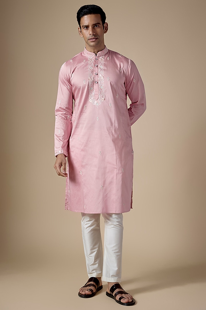 Baby Pink Art Silk Hand & Machine Embroidered Kurta Set by ALOUKIK at Pernia's Pop Up Shop