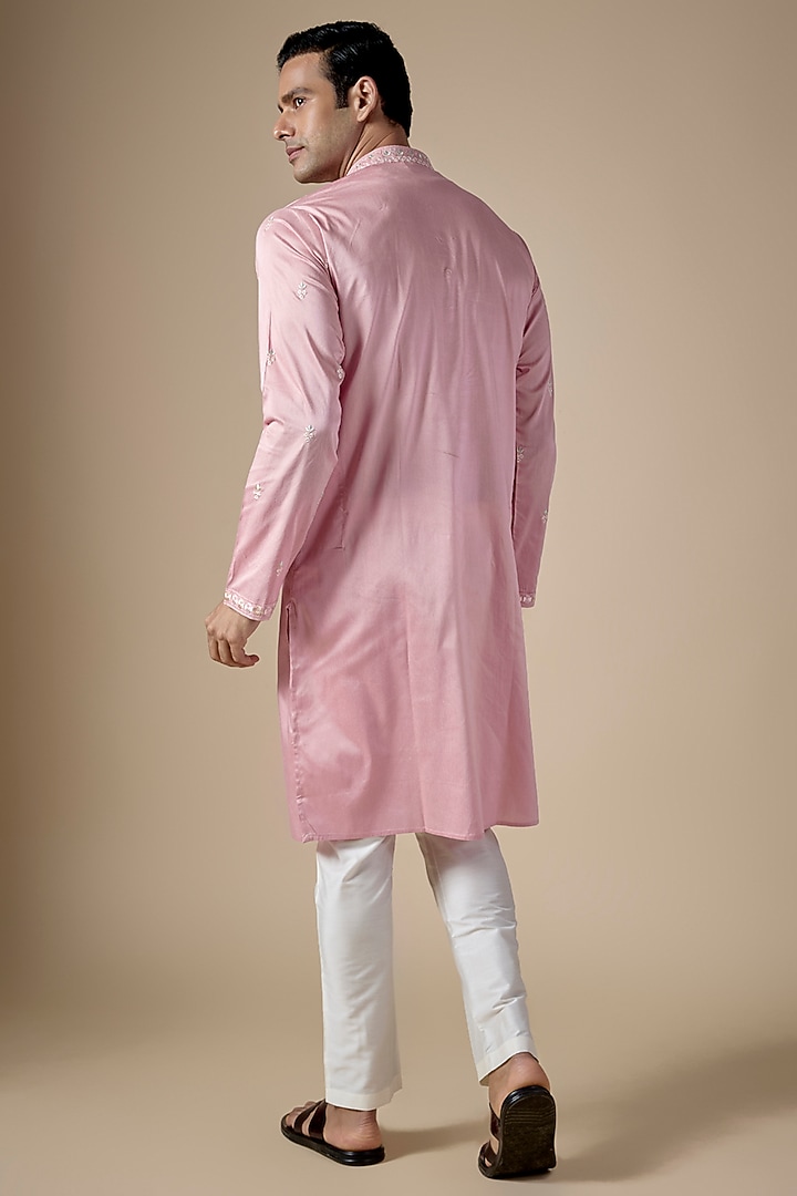 Baby Pink Art Silk Hand & Machine Embroidered Kurta Set by ALOUKIK at Pernia's Pop Up Shop
