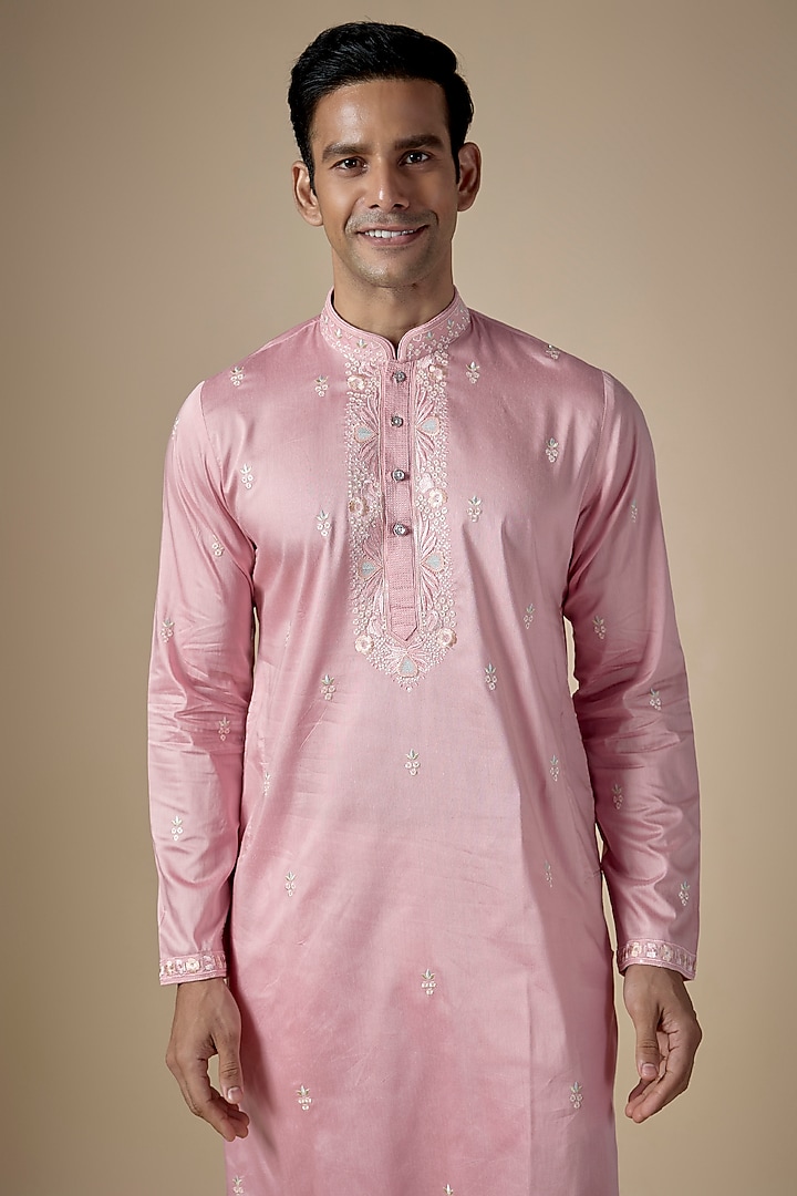 Baby Pink Art Silk Hand & Machine Embroidered Kurta Set by ALOUKIK at Pernia's Pop Up Shop