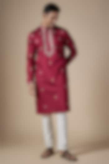 Red Art Silk Hand & Machine Embroidered Kurta Set by ALOUKIK at Pernia's Pop Up Shop