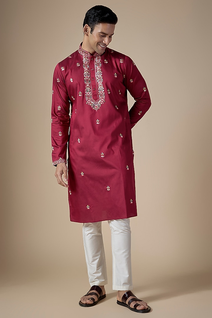 Red Art Silk Hand & Machine Embroidered Kurta Set by ALOUKIK at Pernia's Pop Up Shop