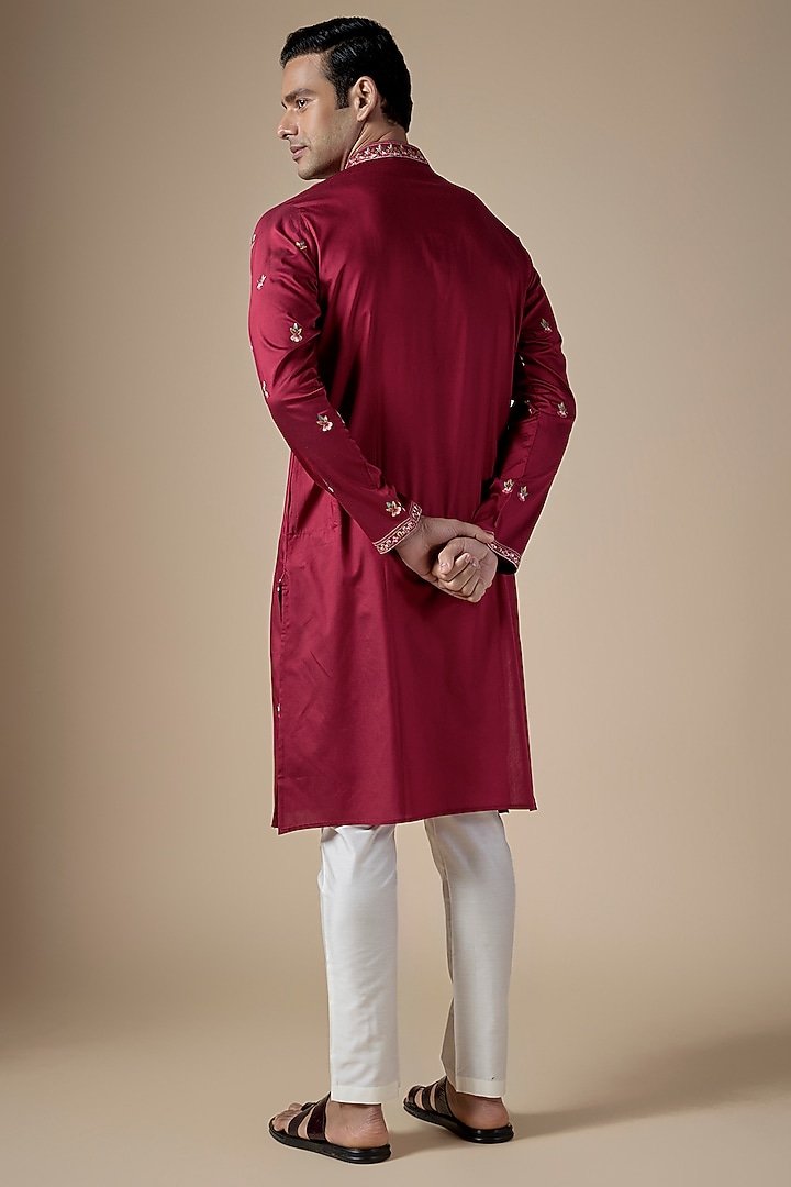 Red Art Silk Hand & Machine Embroidered Kurta Set by ALOUKIK at Pernia's Pop Up Shop