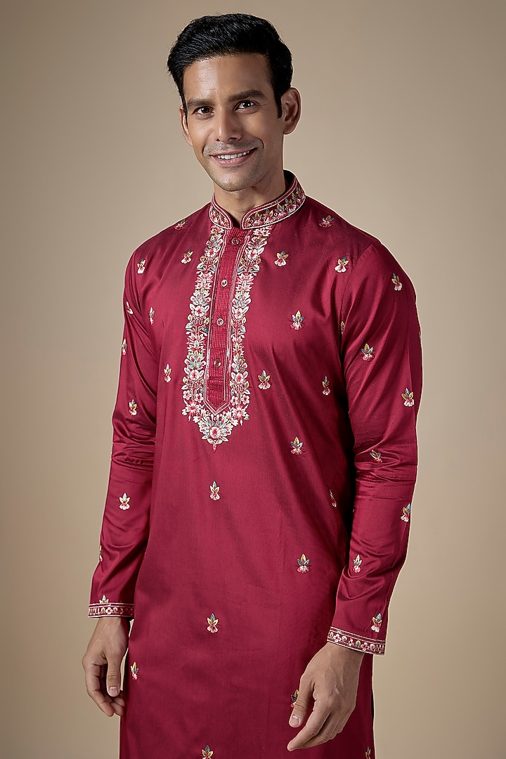 Red Art Silk Hand & Machine Embroidered Kurta Set by ALOUKIK at Pernia's Pop Up Shop