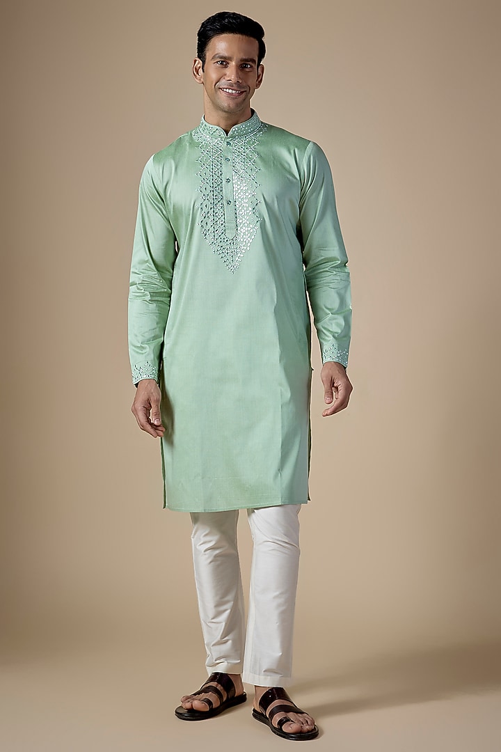 Mint Green Art Silk Hand & Machine Embroidered Kurta Set by ALOUKIK at Pernia's Pop Up Shop
