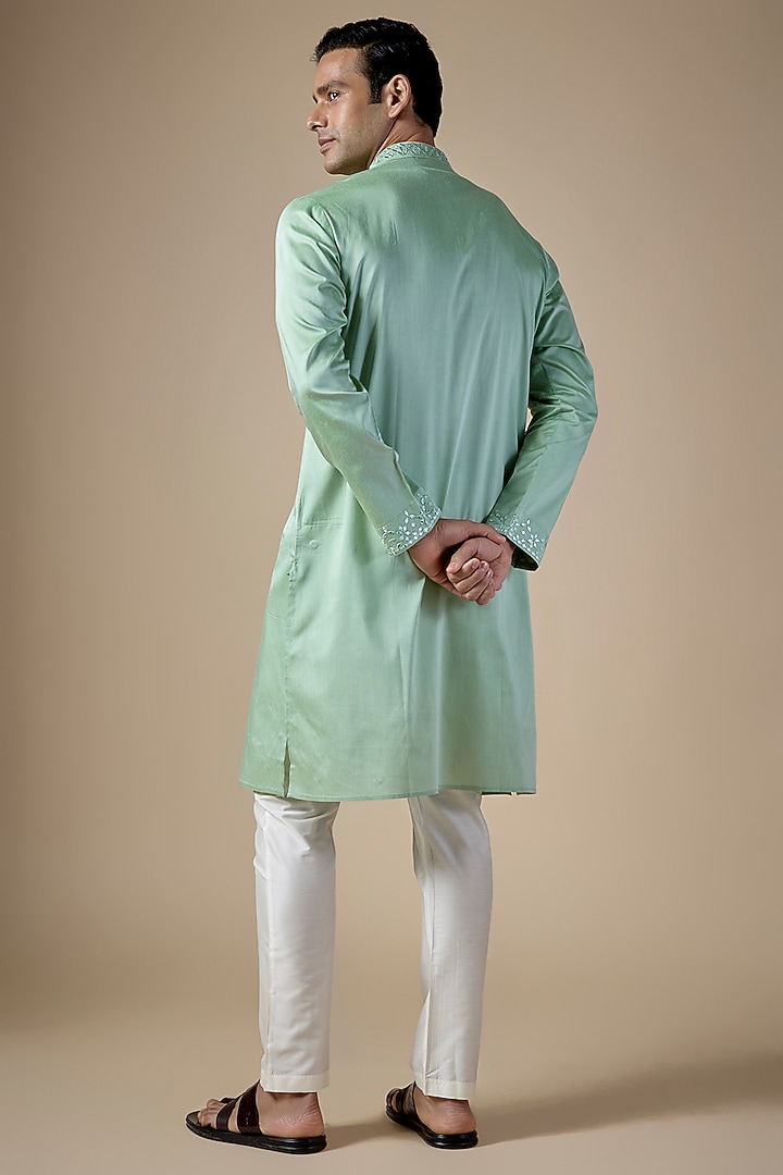 Mint Green Art Silk Hand & Machine Embroidered Kurta Set by ALOUKIK at Pernia's Pop Up Shop