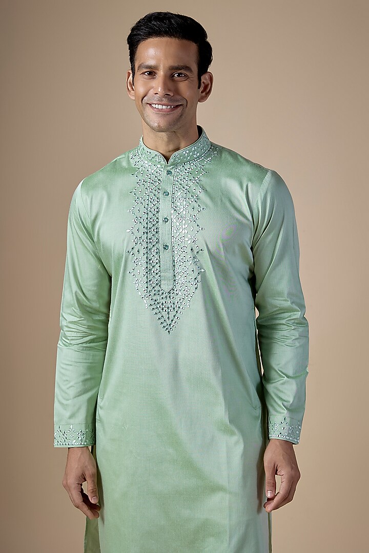 Mint Green Art Silk Hand & Machine Embroidered Kurta Set by ALOUKIK at Pernia's Pop Up Shop