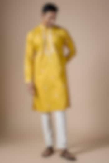 Yellow Art Silk Hand & Machine Embroidered Kurta Set by ALOUKIK at Pernia's Pop Up Shop