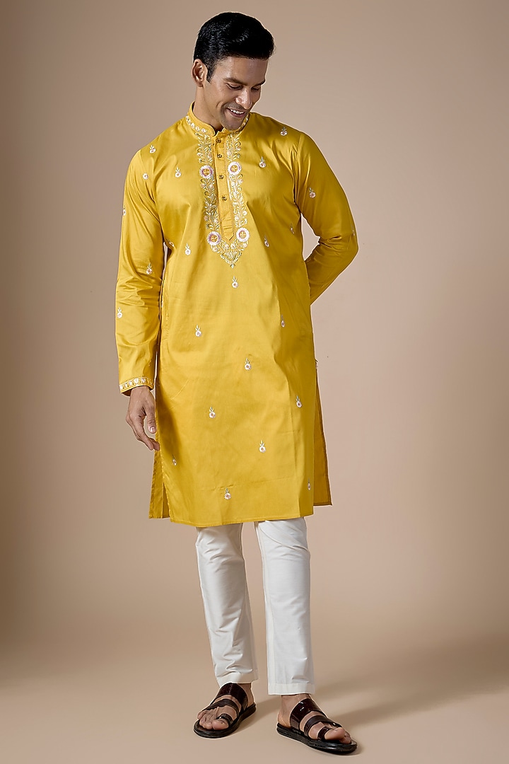 Yellow Art Silk Hand & Machine Embroidered Kurta Set by ALOUKIK at Pernia's Pop Up Shop