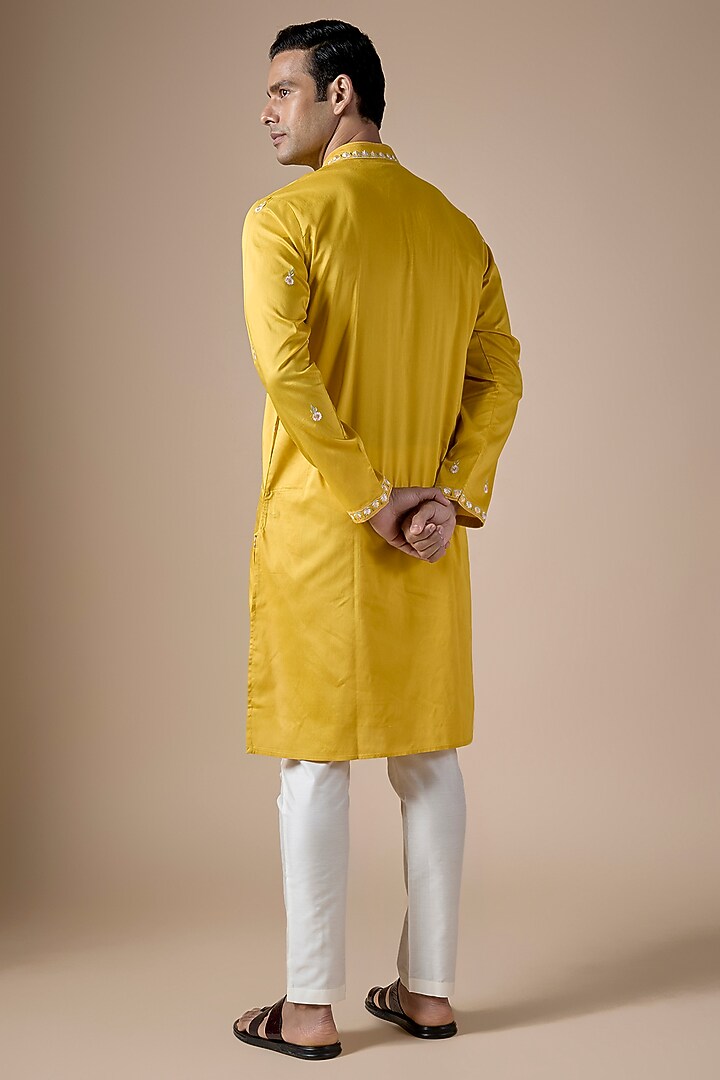 Yellow Art Silk Hand & Machine Embroidered Kurta Set by ALOUKIK at Pernia's Pop Up Shop