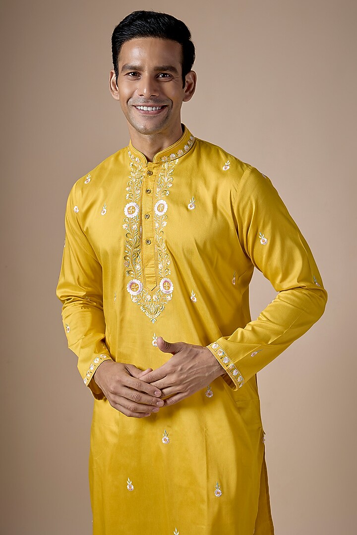 Yellow Art Silk Hand & Machine Embroidered Kurta Set by ALOUKIK at Pernia's Pop Up Shop