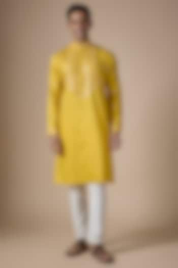 Yellow Art Silk Hand & Machine Embroidered Kurta Set by ALOUKIK at Pernia's Pop Up Shop