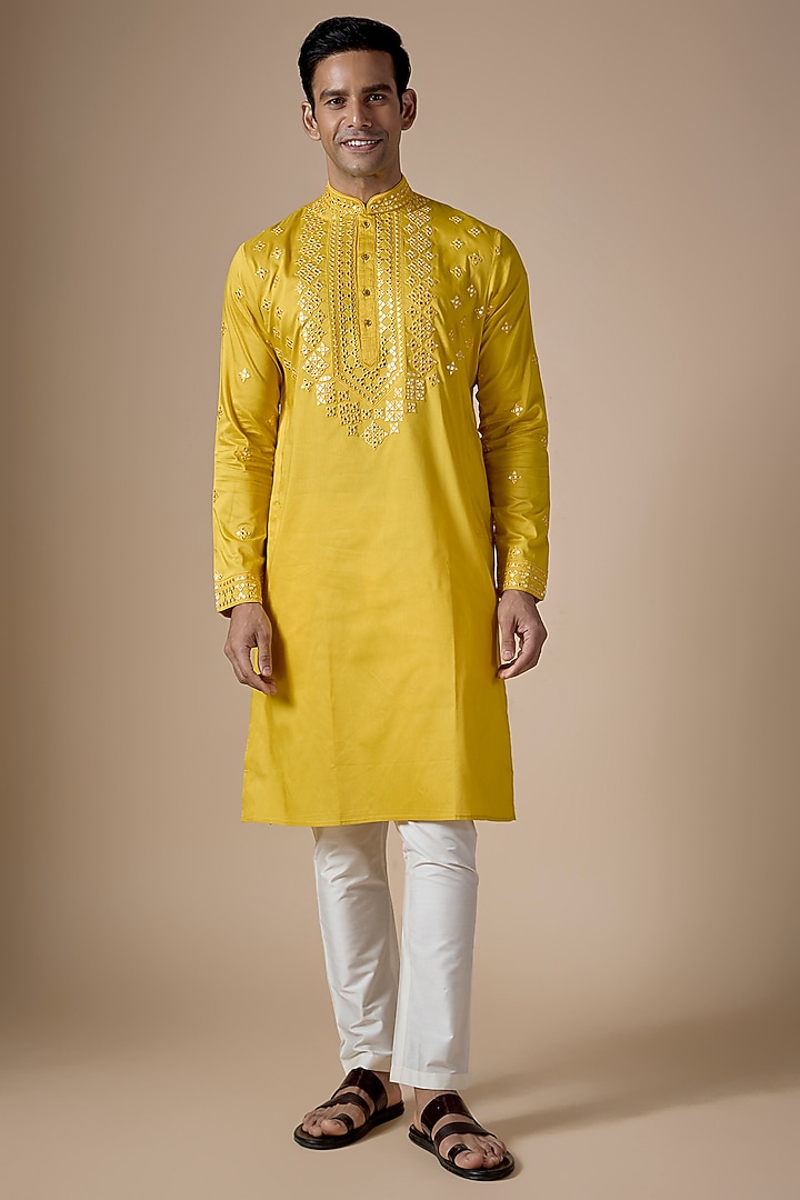 Yellow Art Silk Hand & Machine Embroidered Kurta Set by ALOUKIK at Pernia's Pop Up Shop