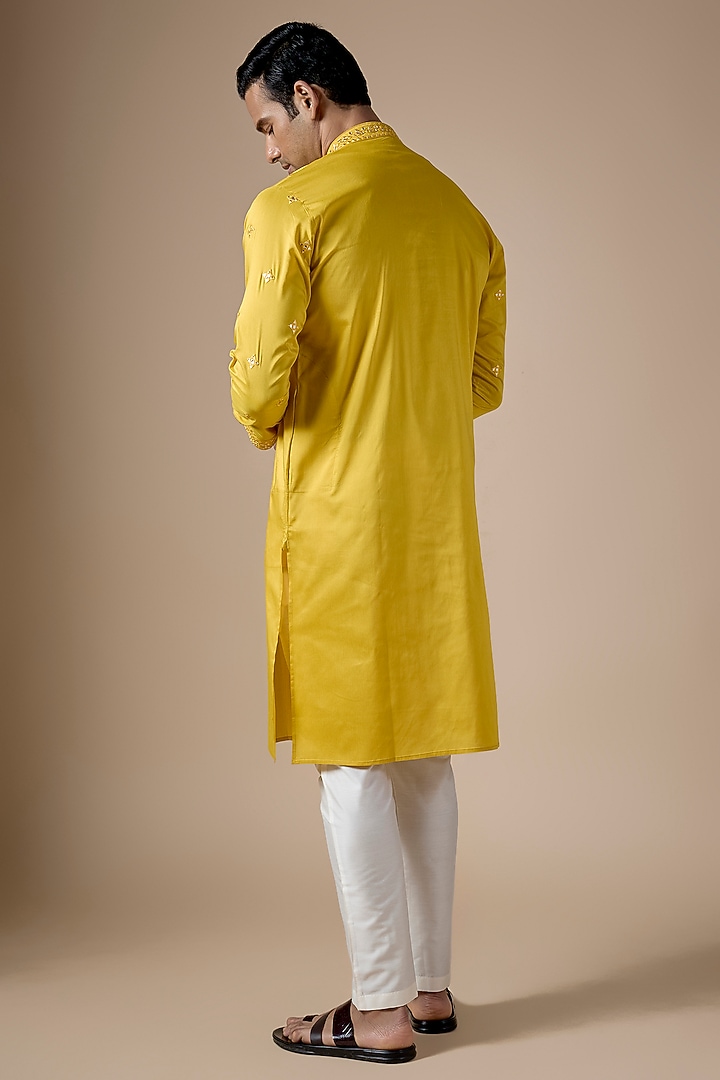 Yellow Art Silk Hand & Machine Embroidered Kurta Set by ALOUKIK at Pernia's Pop Up Shop