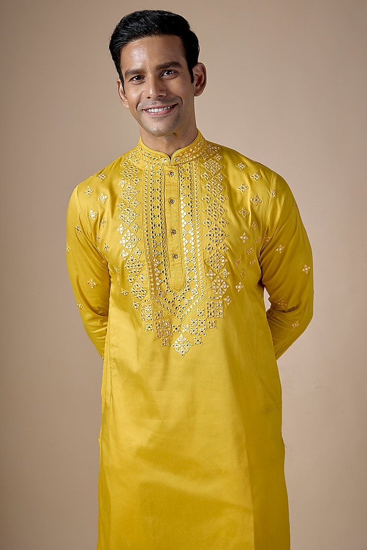 Yellow Art Silk Hand & Machine Embroidered Kurta Set by ALOUKIK at Pernia's Pop Up Shop