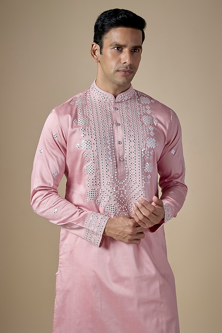 Baby Pink Art Silk Hand & Machine Embroidered Kurta Set by ALOUKIK at Pernia's Pop Up Shop