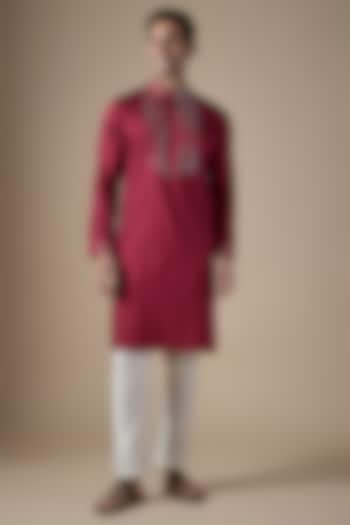 Red Art Silk Hand & Machine Embroidered Kurta Set by ALOUKIK at Pernia's Pop Up Shop
