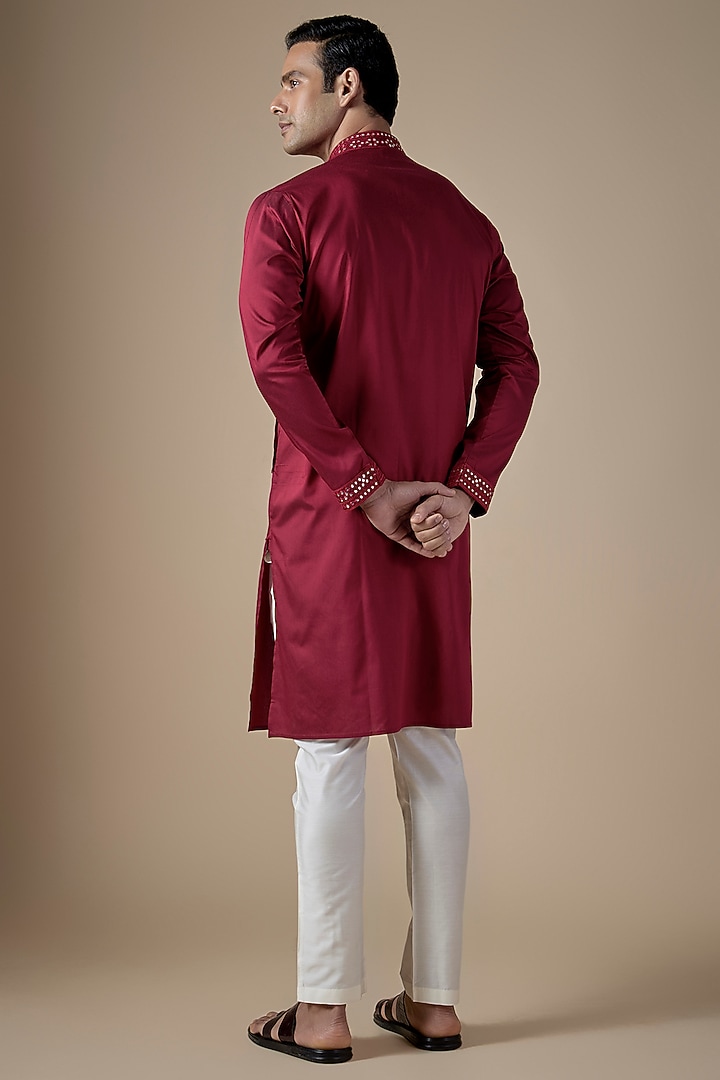 Red Art Silk Hand & Machine Embroidered Kurta Set by ALOUKIK at Pernia's Pop Up Shop