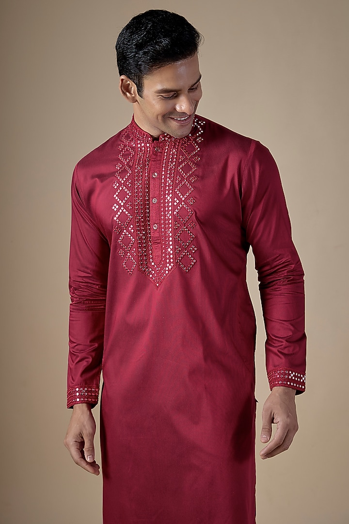 Red Art Silk Hand & Machine Embroidered Kurta Set by ALOUKIK at Pernia's Pop Up Shop