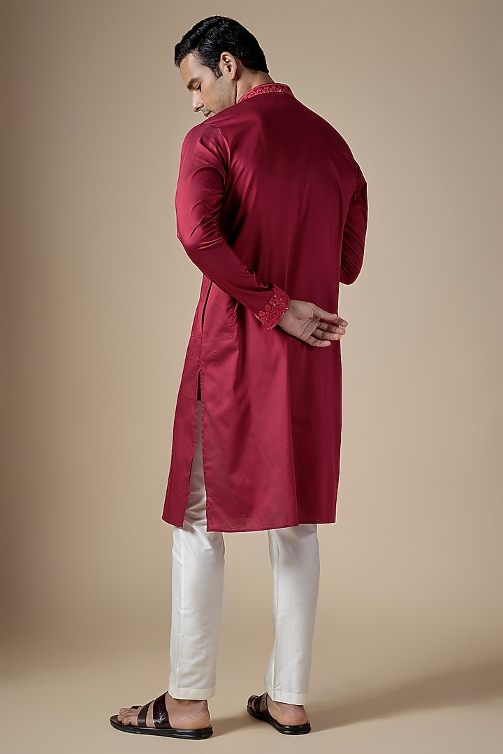 Red Art Silk Hand & Machine Embroidered Kurta Set by ALOUKIK at Pernia's Pop Up Shop