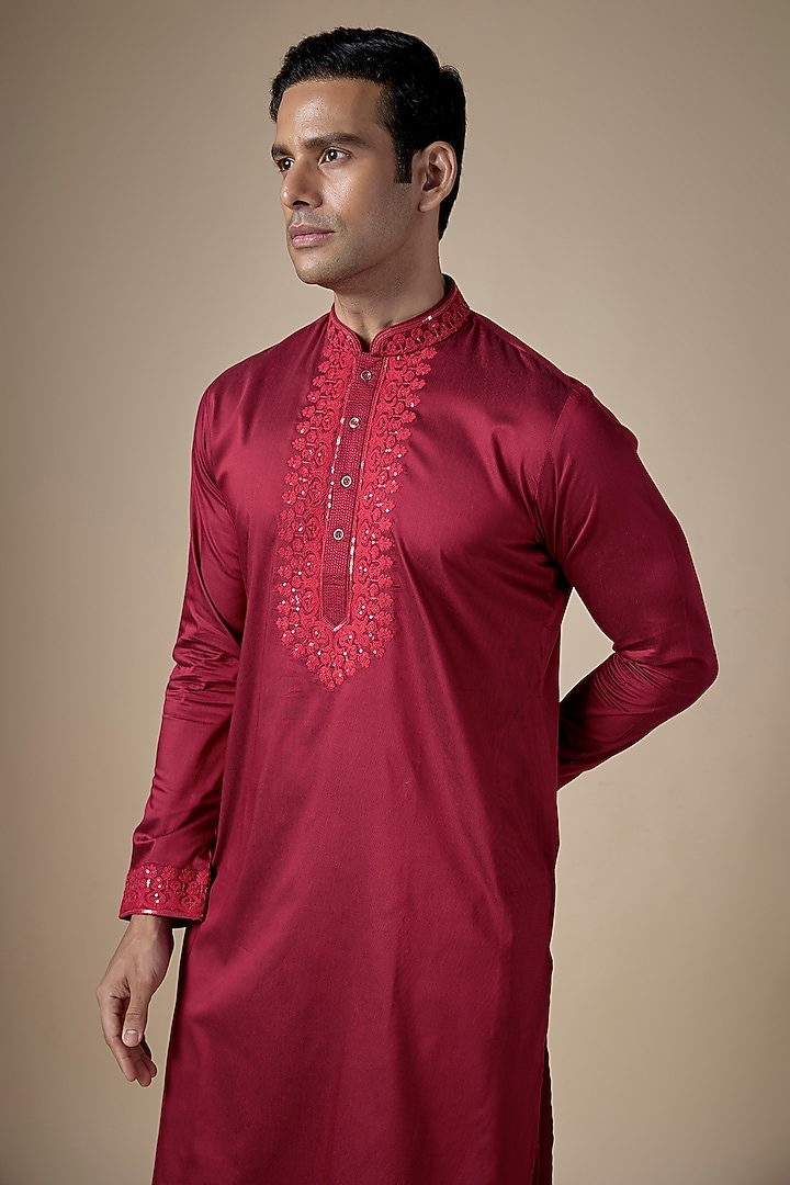 Red Art Silk Hand & Machine Embroidered Kurta Set by ALOUKIK at Pernia's Pop Up Shop