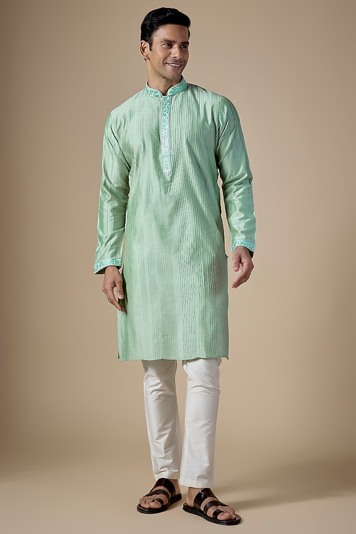 Mint Green Art Silk Hand & Machine Embroidered Kurta Set by ALOUKIK at Pernia's Pop Up Shop