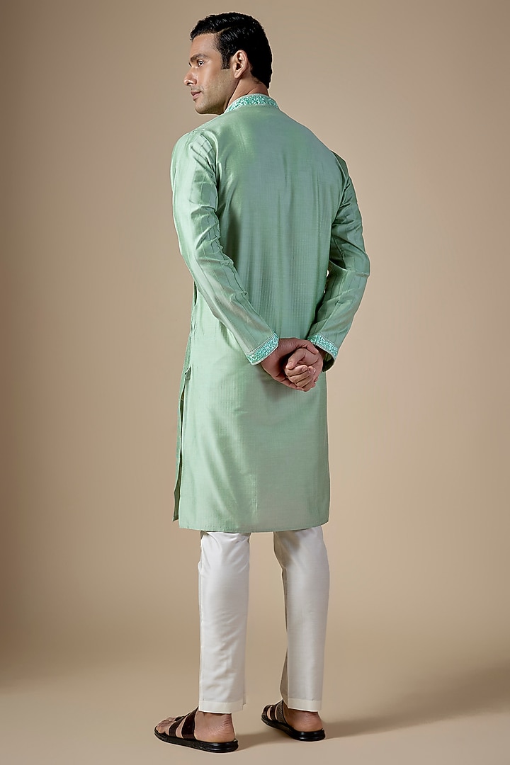 Mint Green Art Silk Hand & Machine Embroidered Kurta Set by ALOUKIK at Pernia's Pop Up Shop
