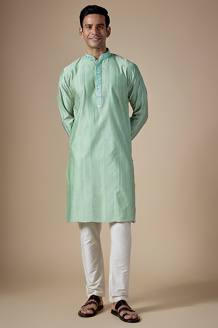 Mint Green Art Silk Hand & Machine Embroidered Kurta Set by ALOUKIK at Pernia's Pop Up Shop