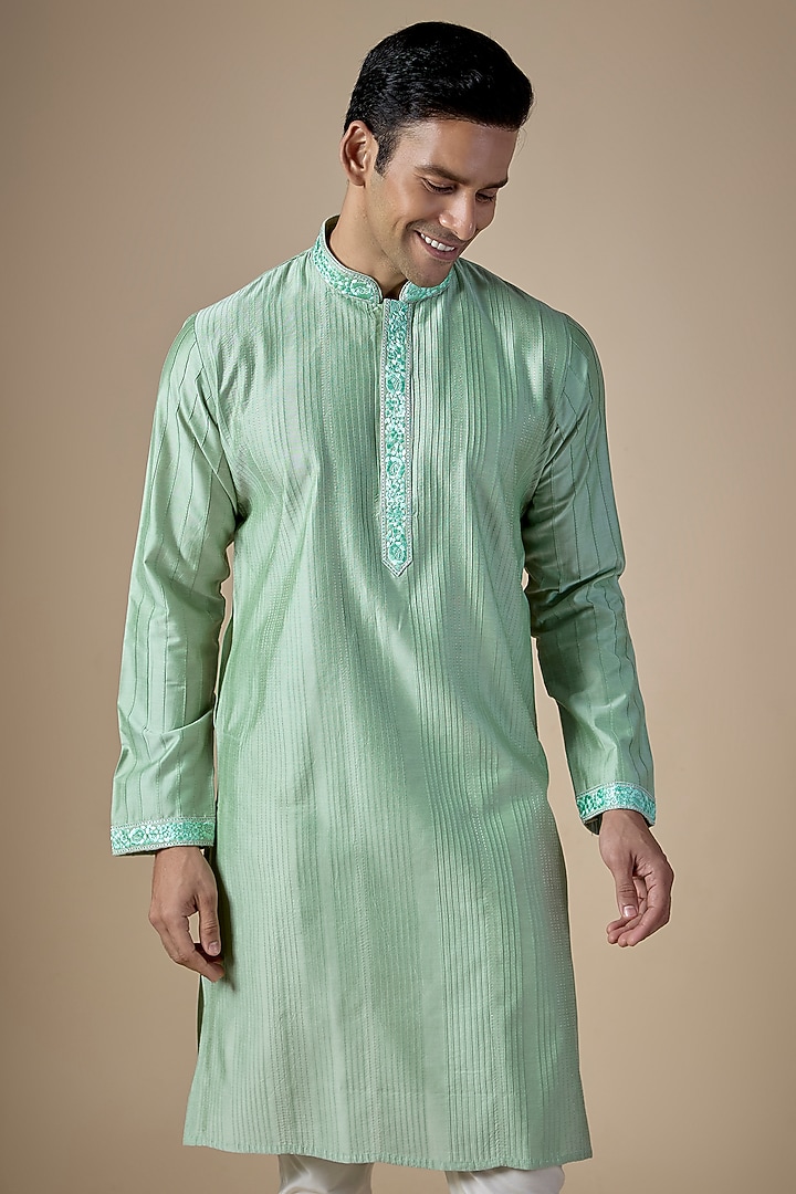 Mint Green Art Silk Hand & Machine Embroidered Kurta Set by ALOUKIK at Pernia's Pop Up Shop