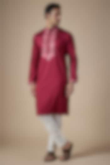 Red Art Silk Hand & Machine Embroidered Kurta Set by ALOUKIK at Pernia's Pop Up Shop