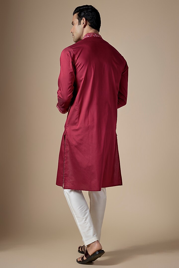 Red Art Silk Hand & Machine Embroidered Kurta Set by ALOUKIK at Pernia's Pop Up Shop
