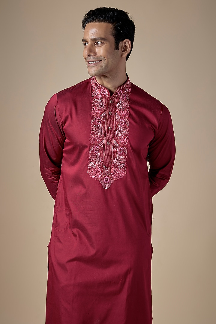 Red Art Silk Hand & Machine Embroidered Kurta Set by ALOUKIK at Pernia's Pop Up Shop
