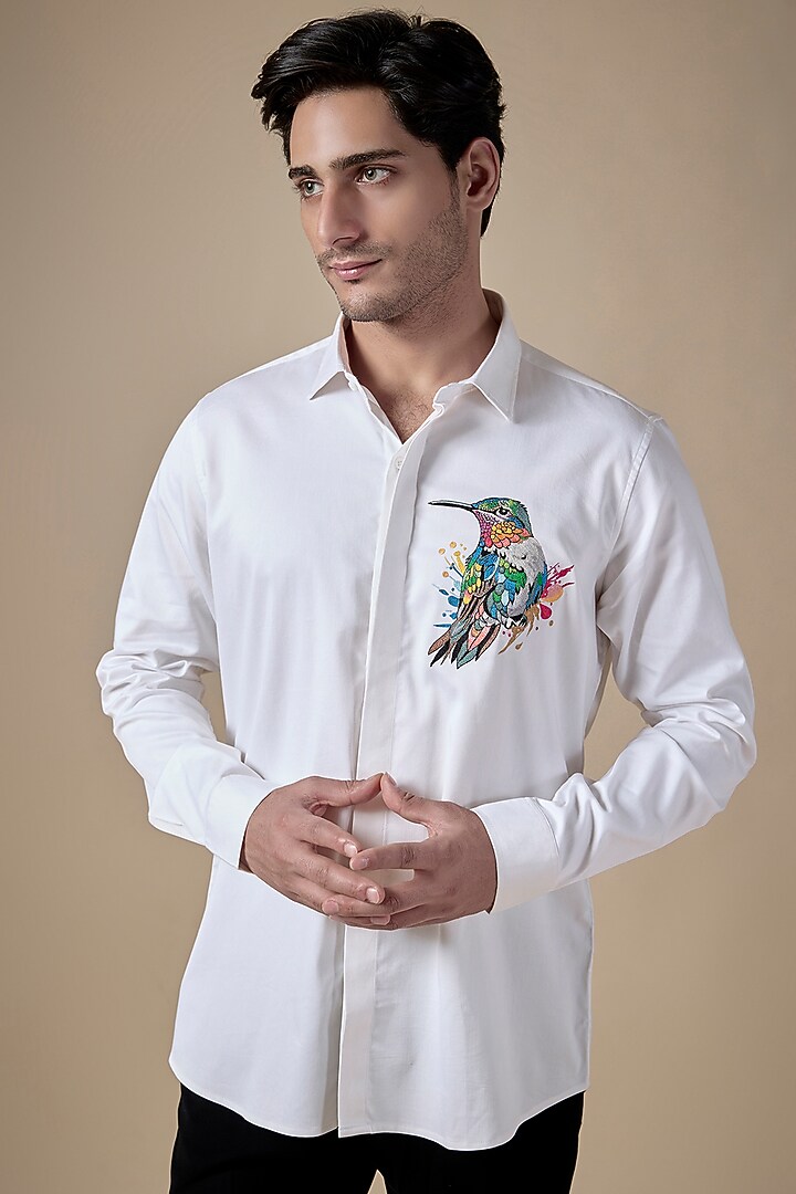 White Poly Cotton Lycra Aari Embroidered Party Wear Shirt by ALOUKIK at Pernia's Pop Up Shop