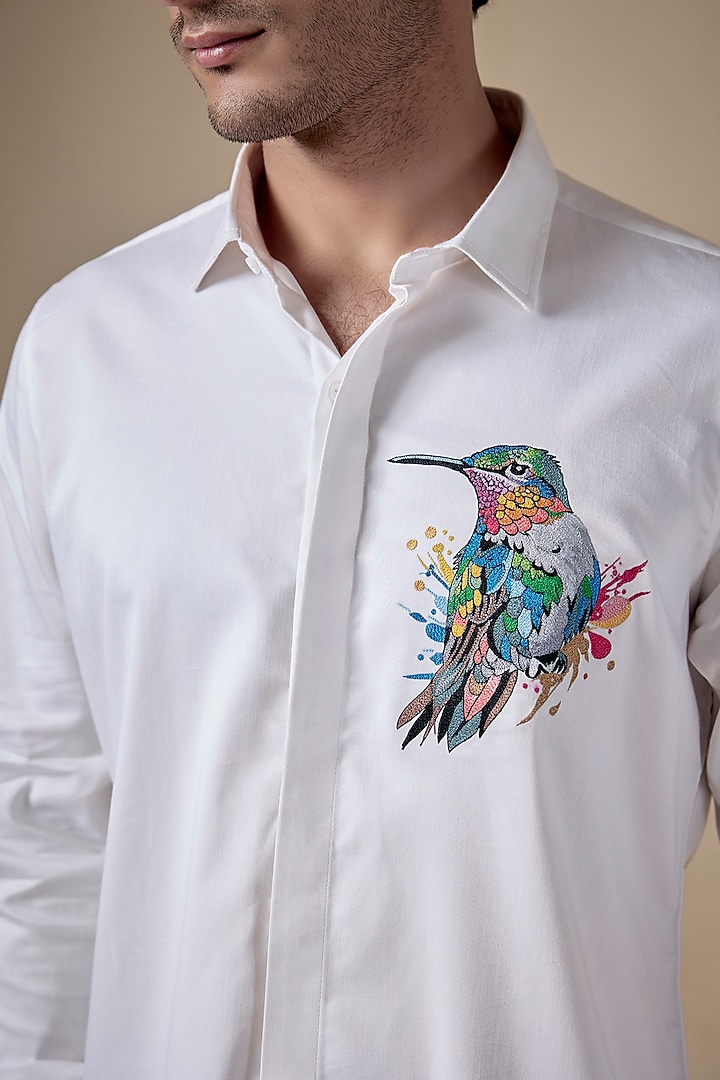 White Poly Cotton Lycra Aari Embroidered Party Wear Shirt by ALOUKIK at Pernia's Pop Up Shop