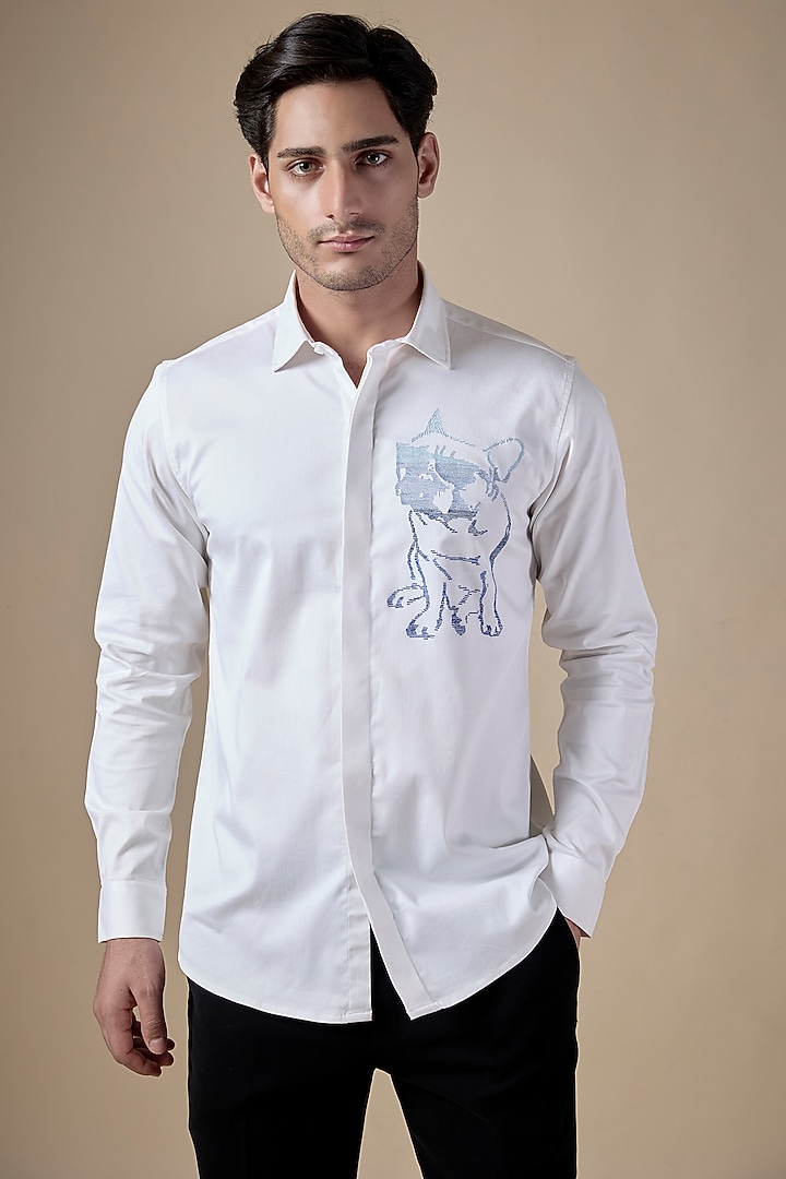 White Poly Cotton Lycra Aari Embroidered Party Wear Shirt by ALOUKIK at Pernia's Pop Up Shop