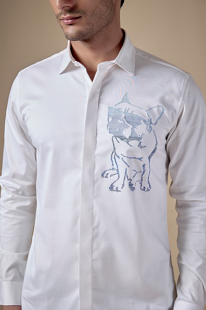 White Poly Cotton Lycra Aari Embroidered Party Wear Shirt by ALOUKIK at Pernia's Pop Up Shop