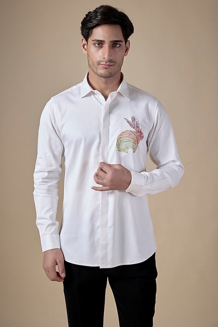 White Poly Cotton Lycra Aari Embroidered Party Wear Shirt by ALOUKIK at Pernia's Pop Up Shop