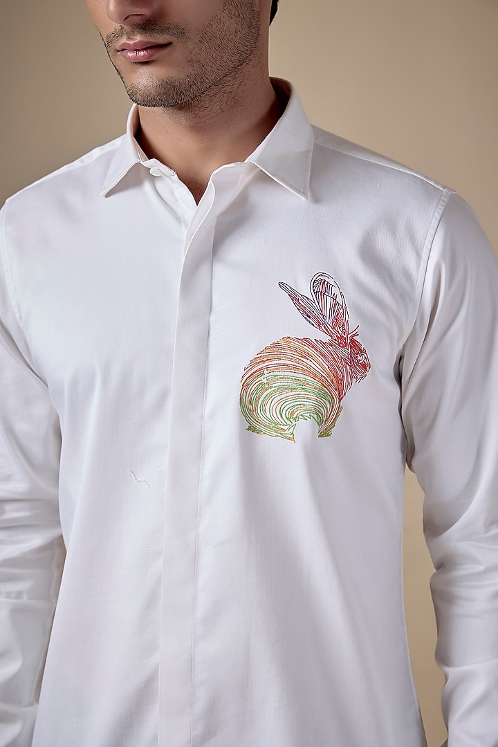 White Poly Cotton Lycra Aari Embroidered Party Wear Shirt by ALOUKIK at Pernia's Pop Up Shop
