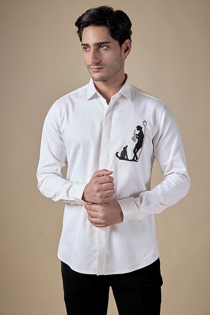 White Poly Cotton Lycra Aari Embroidered Party Wear Shirt by ALOUKIK at Pernia's Pop Up Shop