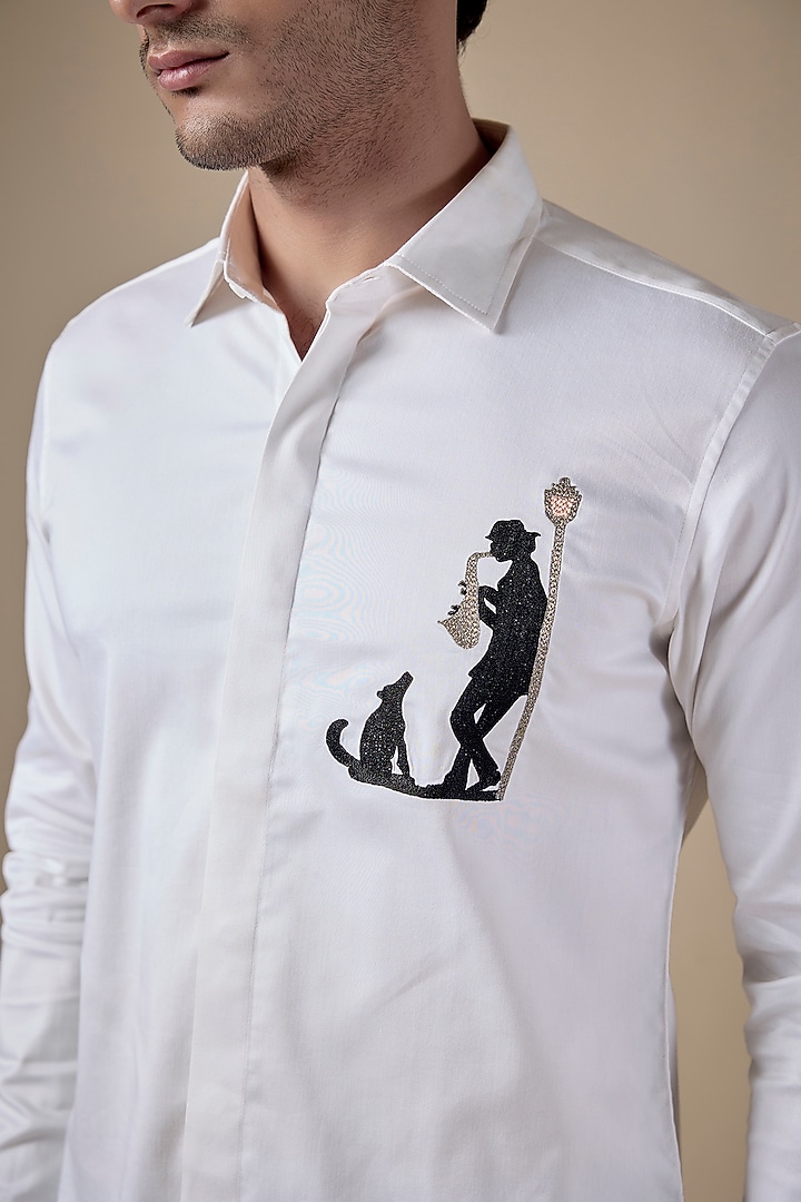 White Poly Cotton Lycra Aari Embroidered Party Wear Shirt by ALOUKIK at Pernia's Pop Up Shop