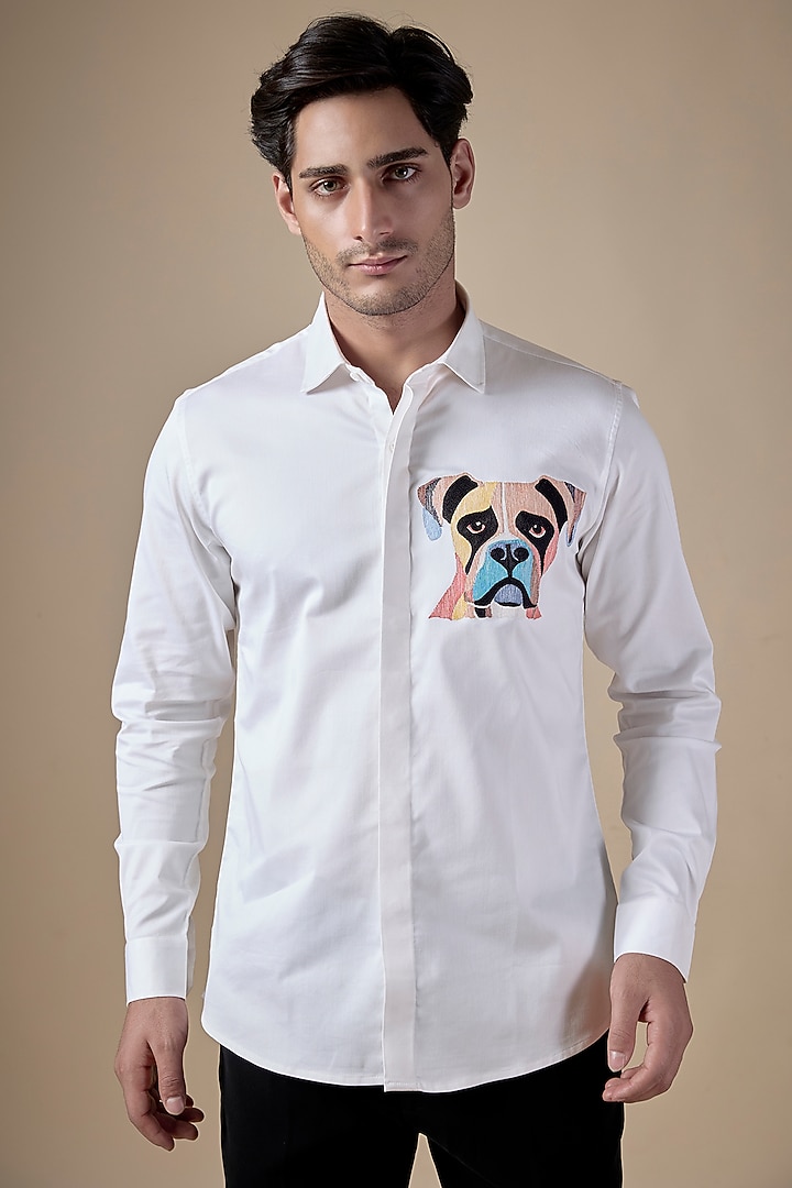 White Poly Cotton Lycra Aari Embroidered Party Wear Shirt by ALOUKIK at Pernia's Pop Up Shop