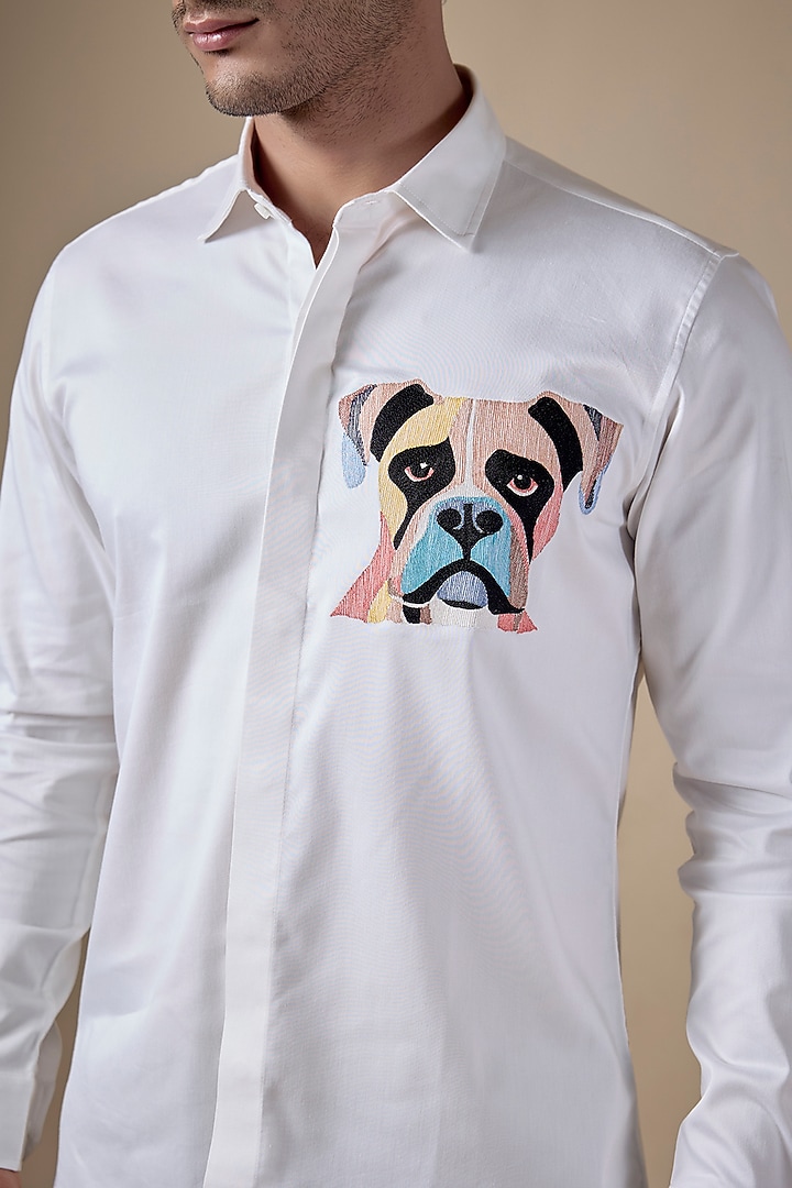 White Poly Cotton Lycra Aari Embroidered Party Wear Shirt by ALOUKIK at Pernia's Pop Up Shop